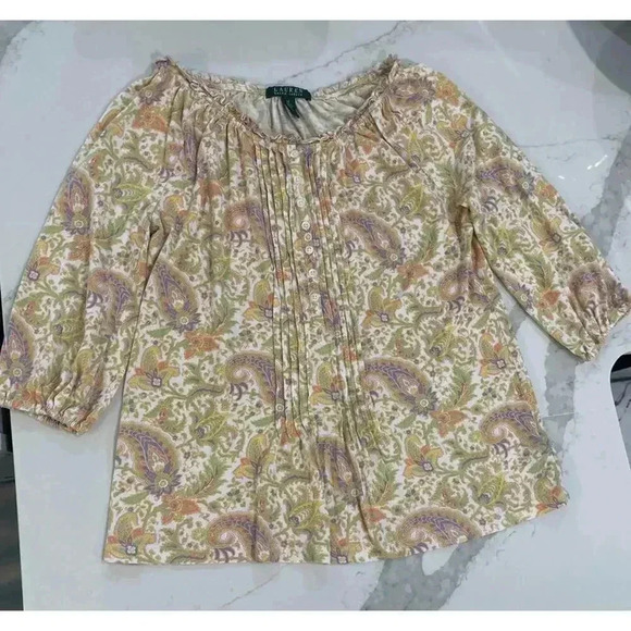 Lauren Ralph Lauren 3/4 Sleeve Paisley Print Bohemian Top Women’s Medium Hippie - Picture 1 of 5